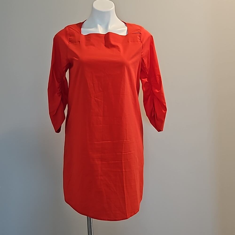 MelloDay Red Orange Shift Dress - Square Neck - Ruched 3/4 Sleeves - Size Small